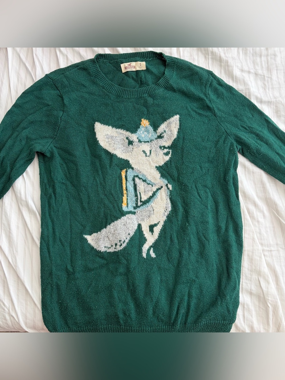HOLLISTER Cotton-Blend Green Fox Holiday Sweater